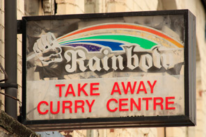 rainbow rising, curry take away sign
