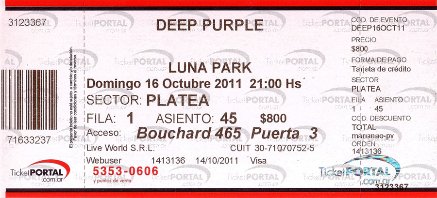 Deep Purple ticket  2011